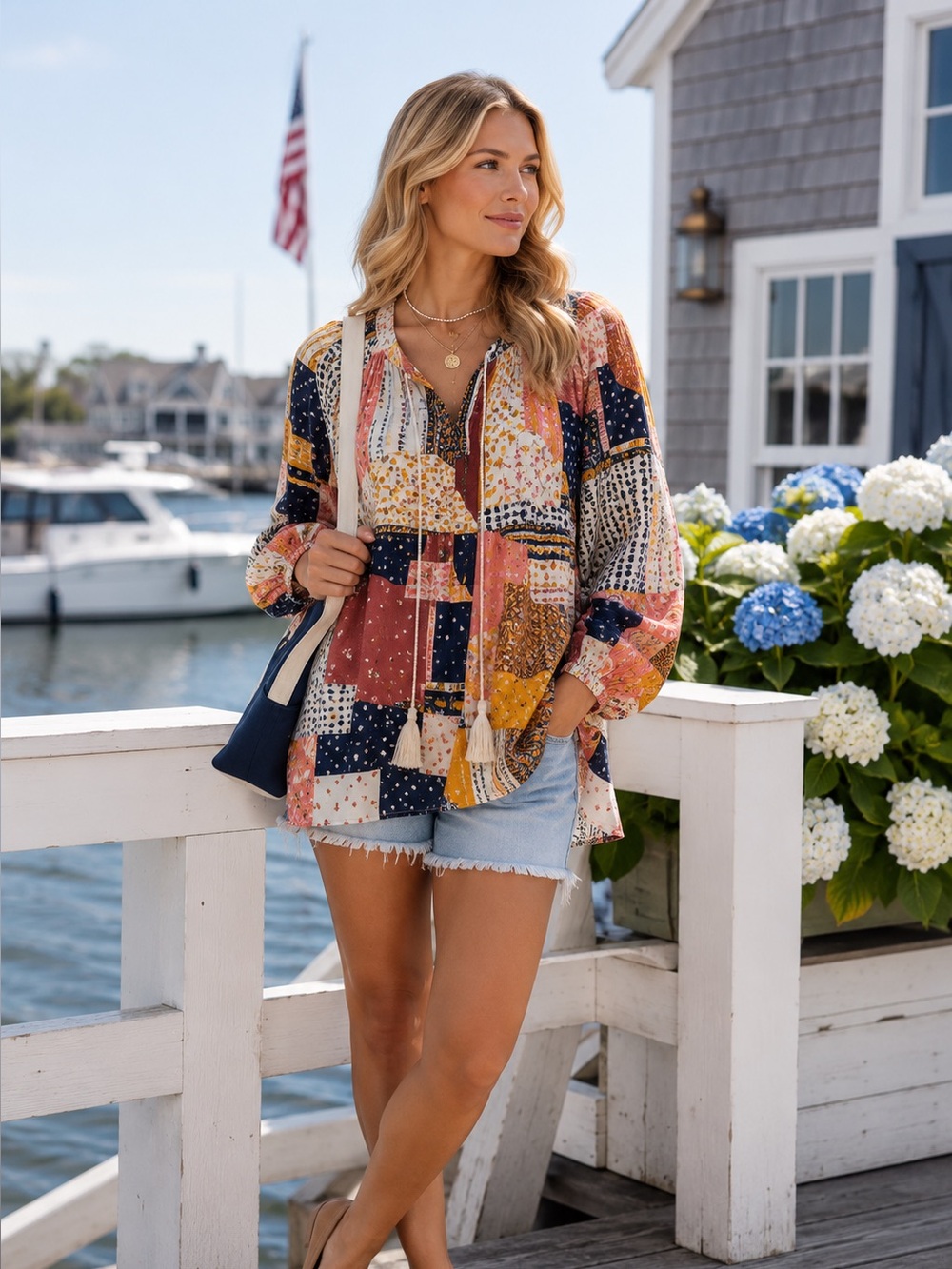 WONDERLY Boho Patchwork Tassel Tie Tiered Sleeve Peasant Blouse, XL